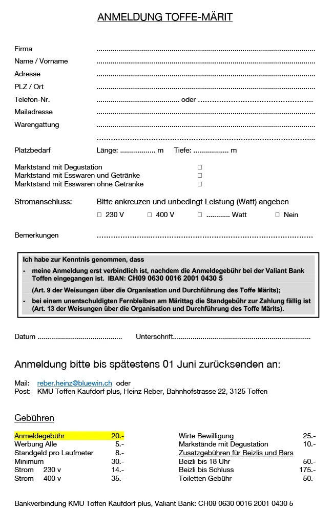 Anmeldeformular Toffemärit Dorfmärit Dorfmarkt Toffen lokaler Gewerbeverein KMU Toffen-Kaufdorf plus